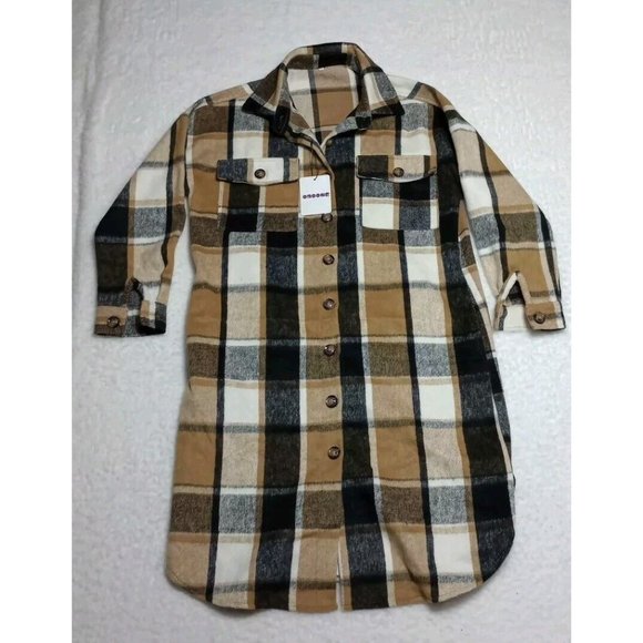 Omoone Womens XS Lounge Lapel Button Up Long Sleeve Plaid Long Shirt Jacket NWT - Picture 1 of 16